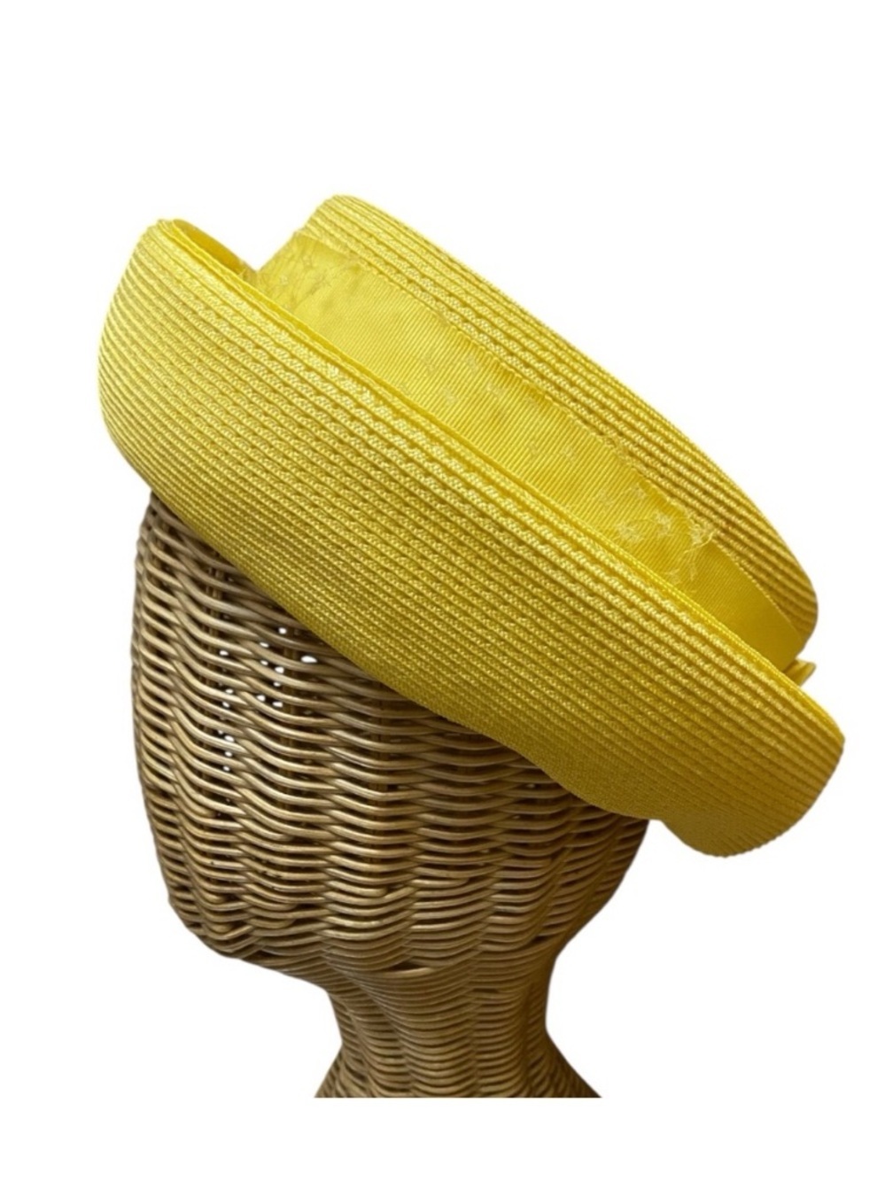 Vintage Sunny Yellow Straw Pillbox Hat with Ribbon 1960s Spring Easter Church